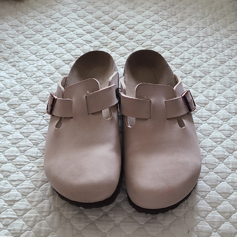 Cream Mules with Adjustable Strap and Contoured Footbed